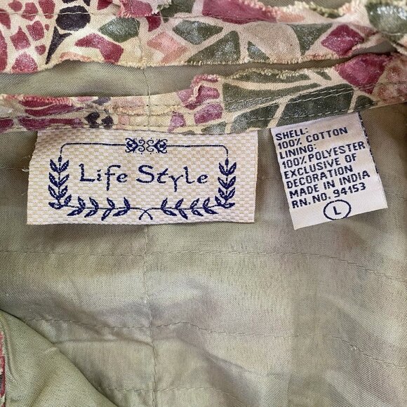 Life Style Womens Shirt Jacket Green Brown Floral Buttons Pintuck Beaded Lined - Picture 6 of 10